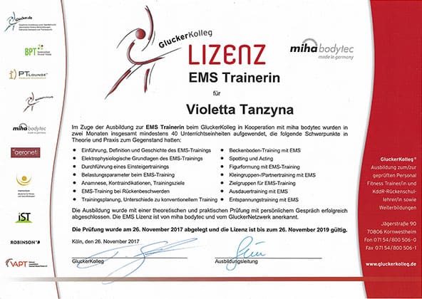 Certyfikat Violetta Tanzyna